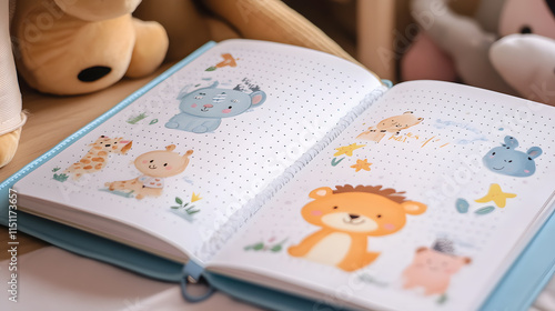 pastel themed children practice notebook featuring cute animal illustrations, including lion, bear, giraffe, and more, perfect for creative writing and drawing photo