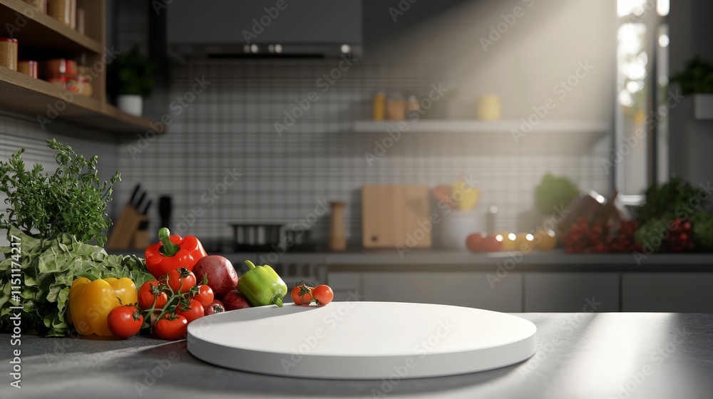 Fresh Vegetables on Kitchen Countertop Display with Podium Fresh Vegetables on Kitchen Countertop Display with Podium