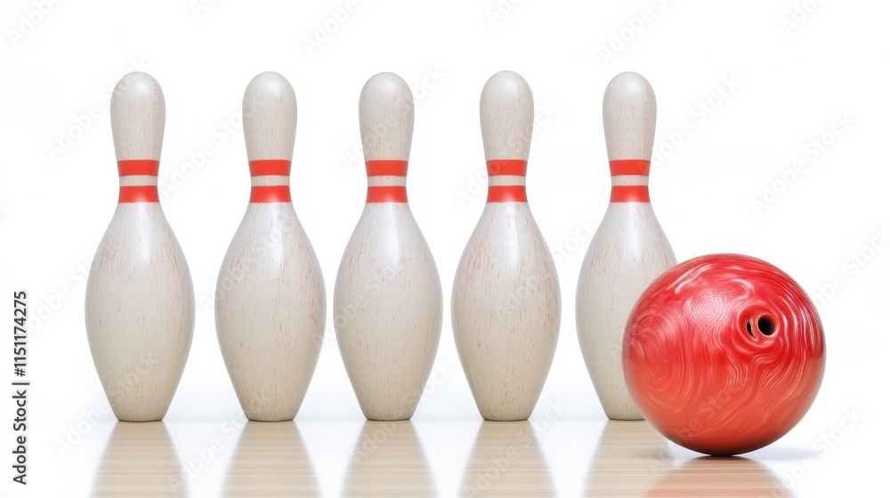 A vibrant red bowling ball poised to strike five white pins, showcasing the classic setup of a bowling game. A vibrant red bowling ball poised to strike five white pins, showcasing the classic setup of a bowling game.