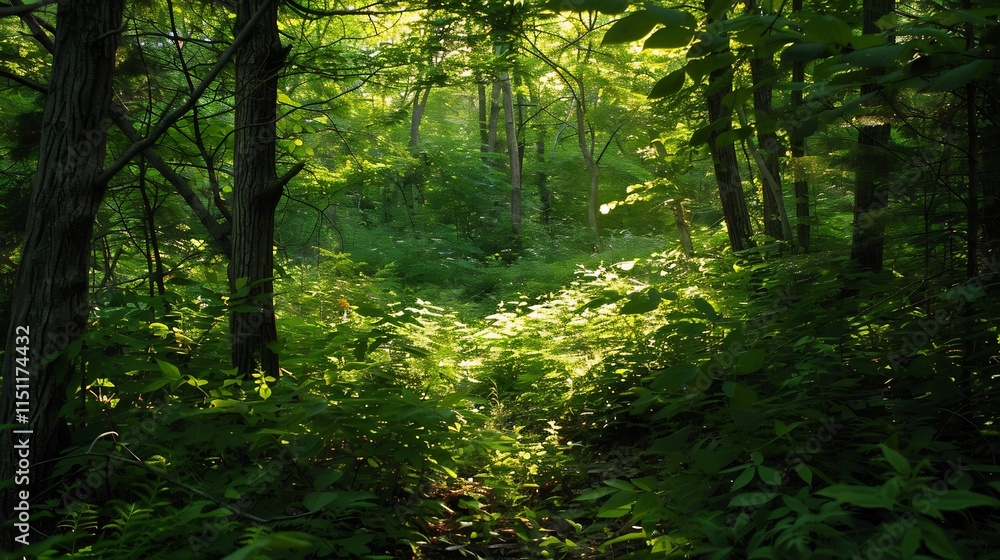 Fototapeta premium Sunlit Forest Path: A Serene Escape into Nature's Embrace