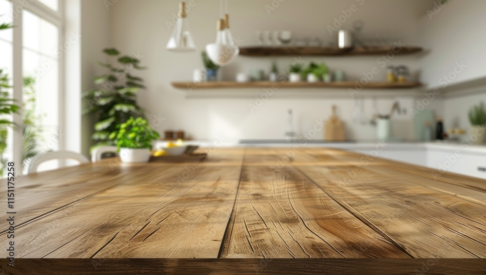 Wooden texture table top on blurred kitchen window background - generative ai Wooden texture table top on blurred kitchen window background - generative ai