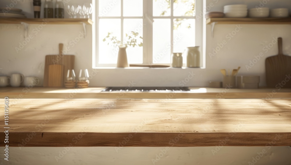Wooden texture table top on blurred kitchen window background - generative ai Wooden texture table top on blurred kitchen window background - generative ai