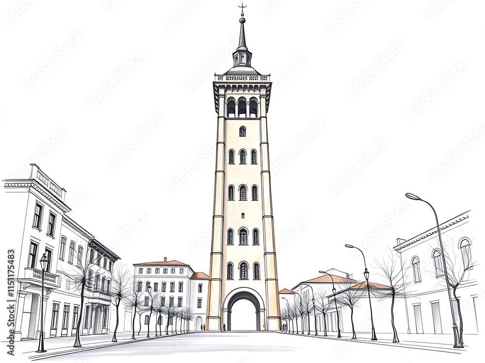 Obraz premium Elegant City Tower Sketch: Detailed Line Art Illustration. AI Generated