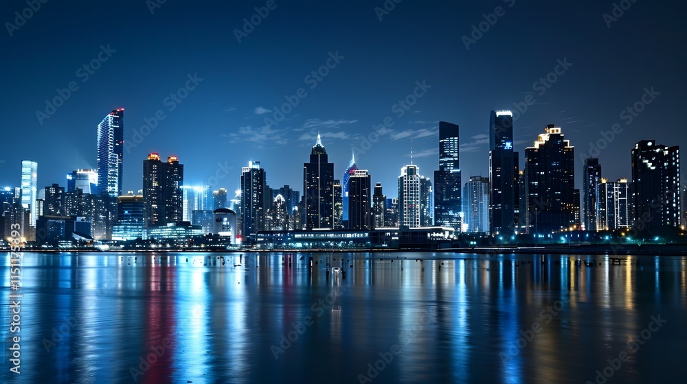 Fototapeta premium A breathtaking view of an illuminated city skyline at night, showcasing modern architecture and vibrant lights.