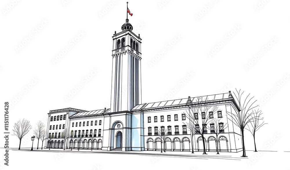 Obraz premium Elegant City Hall Sketch: Detailed Line Drawing. AI Generated