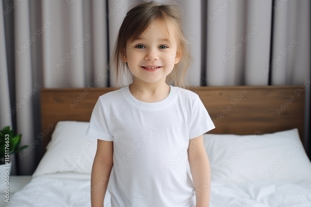 A cheerful young girl, beaming with a bright smile, is situated in a snug and cozy bedroom environment at home. A toddler wearing white t-shirt. Good for mock-up A cheerful young girl, beaming with a bright smile, is situated in a snug and cozy bedroom environment at home. A toddler wearing white t-shirt. Good for mock-up