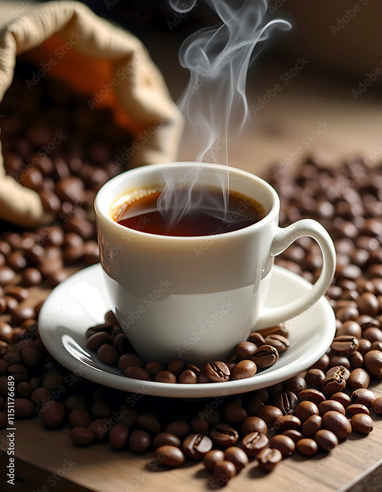 A cup of coffee with steam rising from it on a saucer surrounded by coffee beans and a bag of coffee. A cup of coffee with steam rising from it on a saucer surrounded by coffee beans and a bag of coffee.