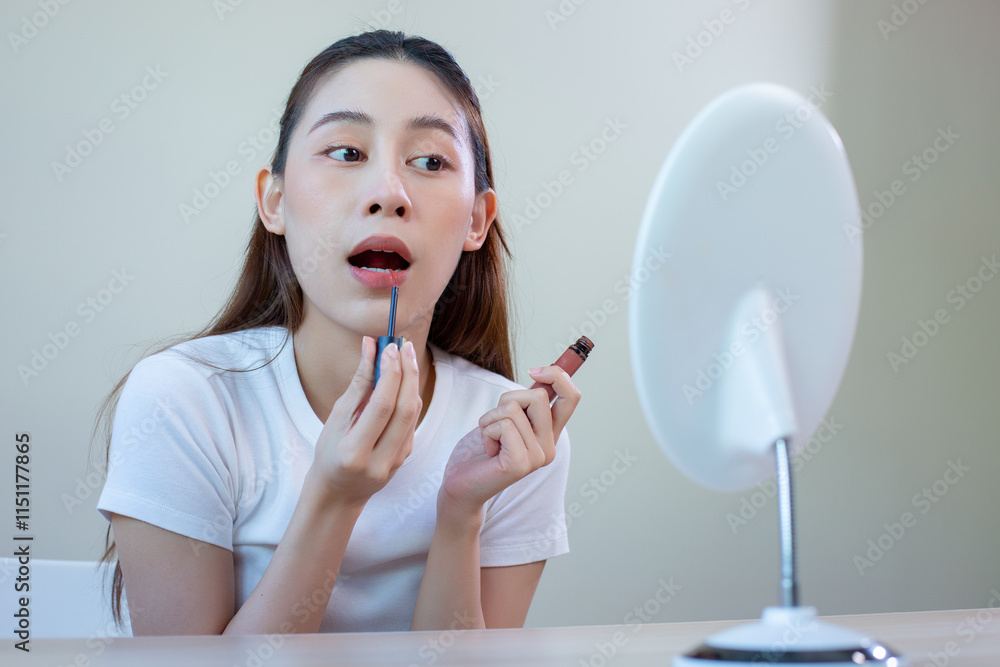 Beautiful woman looking in the mirror and putting on makeup. Apply lipstick. Beautiful woman looking in the mirror and putting on makeup. Apply lipstick.