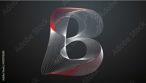 Abstract Swirling Lines Forming Letter B, Red and Silver Gradient