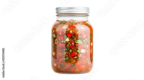 Fresh Salsa in Jar with Colorful Ingredients on Bright Background