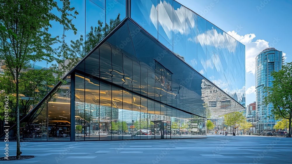 Obraz premium view from the bottom of a contemporary, geometric, glass building with a distinctive style and futuristic architecture ---694ddd8b5f9b