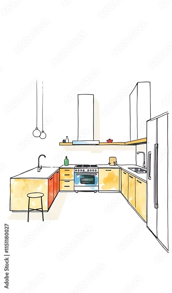Fototapeta premium Modern Kitchen Sketch: Hand-Drawn Design Illustration. AI Generated