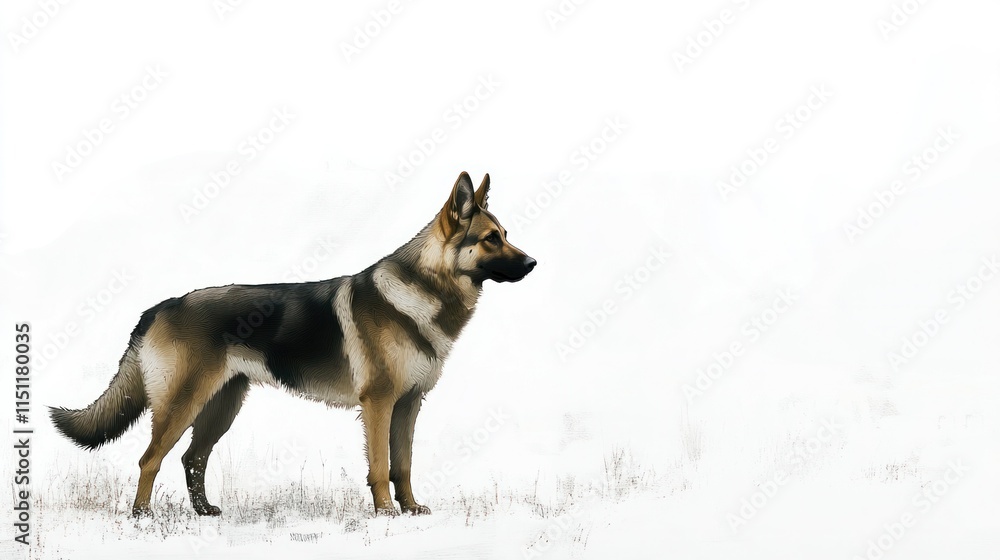 A German Shepherd standing in a neutral stance, ears attentive but calm, white background A German Shepherd standing in a neutral stance, ears attentive but calm, white background