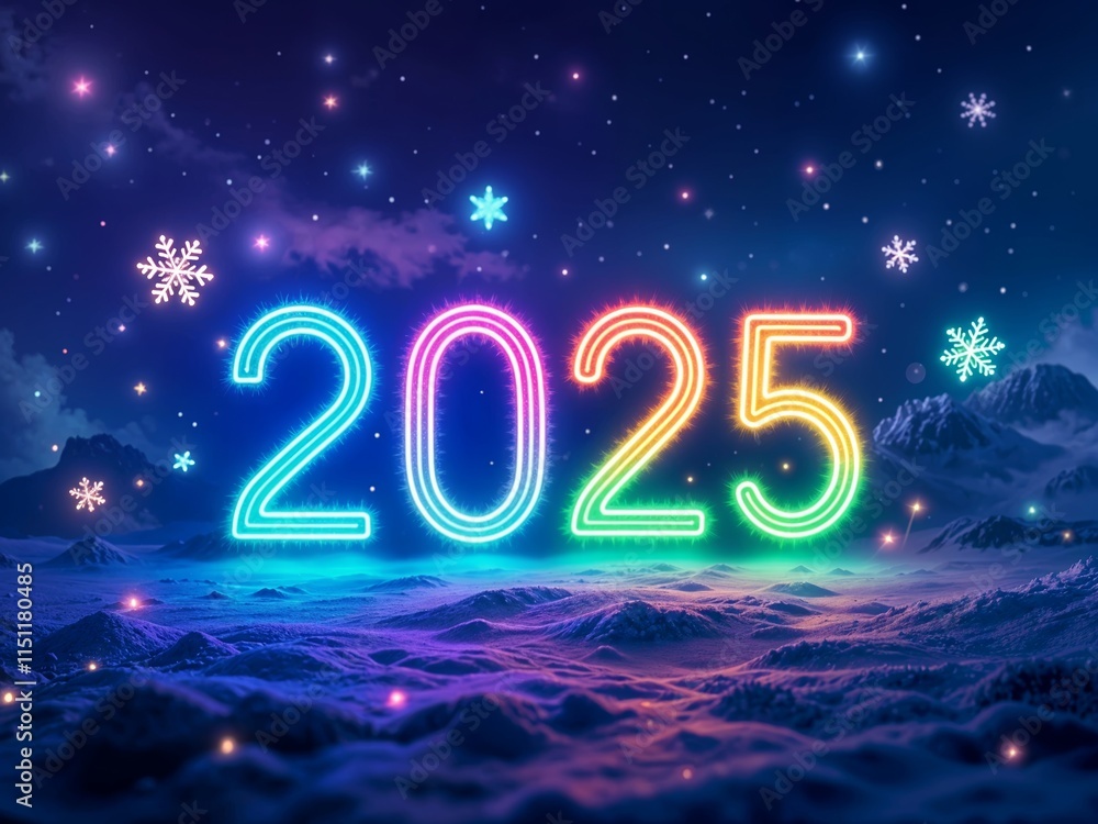 Neon lettering “2025” on the background of a winter landscape with mountains and falling neon snowflakes in bright, multicolor tones, creating a festive and futuristic atmosphere. For Christmas Neon lettering “2025” on the background of a winter landscape with mountains and falling neon snowflakes in bright, multicolor tones, creating a festive and futuristic atmosphere. For Christmas