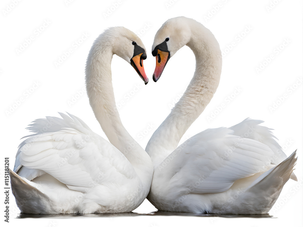 Fototapeta premium Two Swans forming heart shape, cut out. on white background