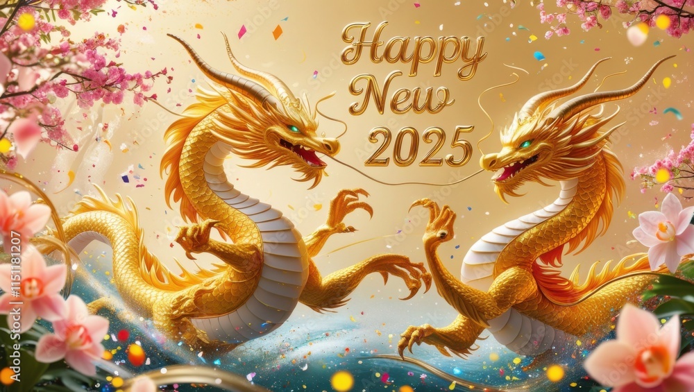 Fototapeta premium Vibrant golden dragons, adorned with intricate scales and majestic horns, dance amidst a whirlwind of colorful flowers and swirling confetti, celebrating the dawn of a new year, 2025, in a majestic an