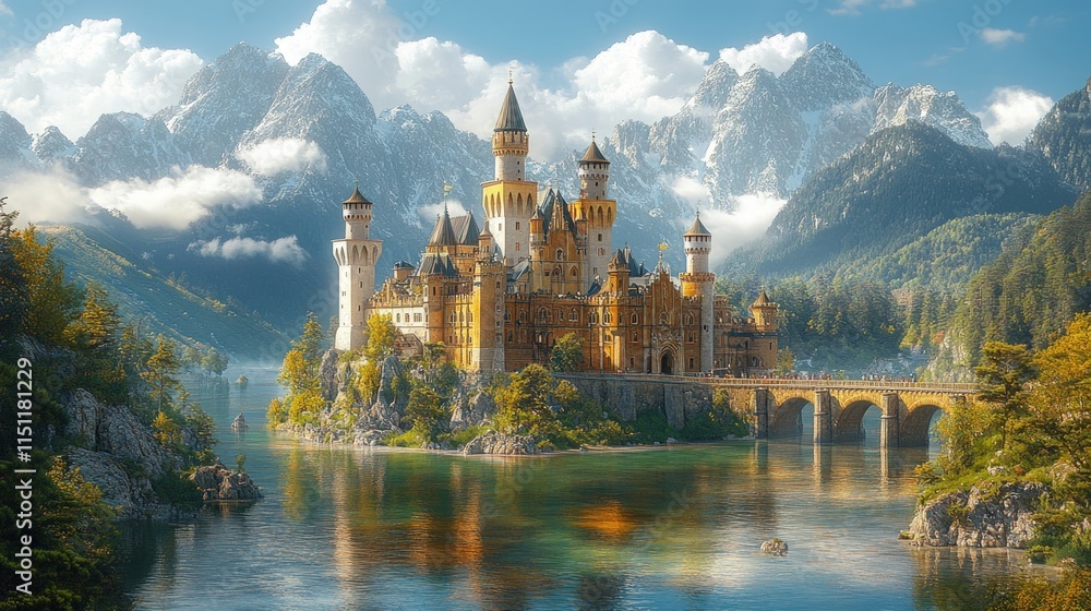 Fototapeta premium Fairytale castle, lake, mountains, bridge, autumn.