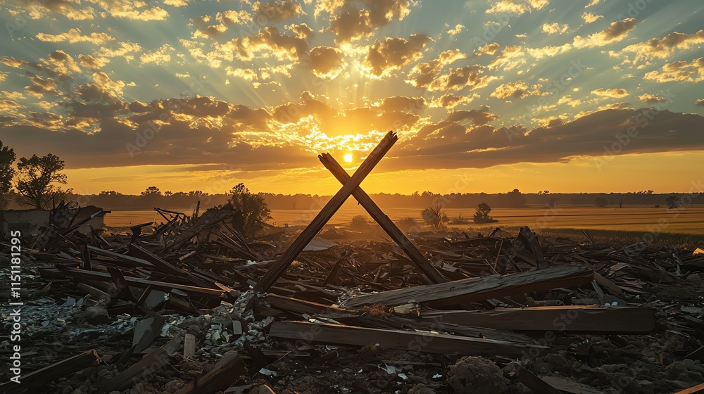 Sunset over a destroyed landscape, evoking loss. Sunset over a destroyed landscape, evoking loss.