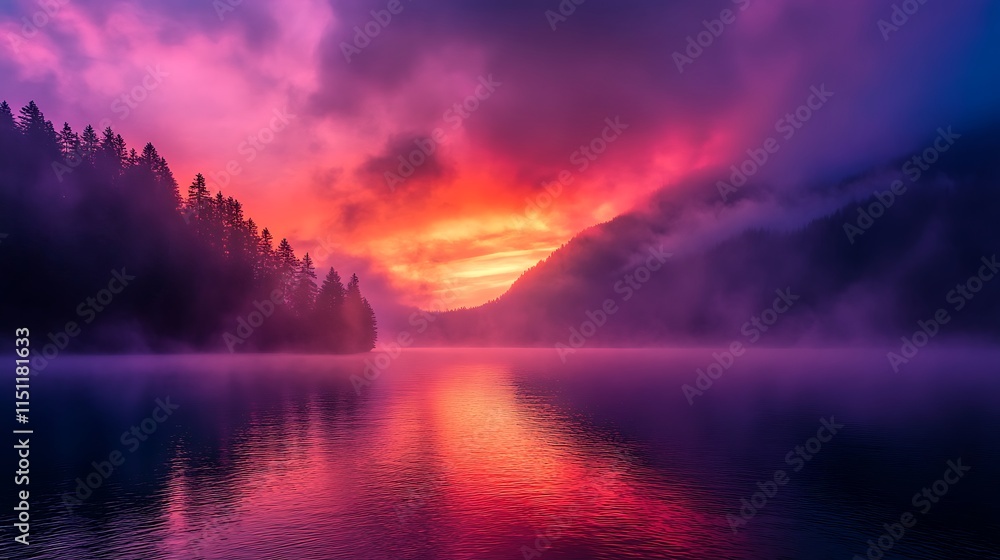 Obraz premium Vibrant Sunrise Over Misty Lake Photo. AI Generated