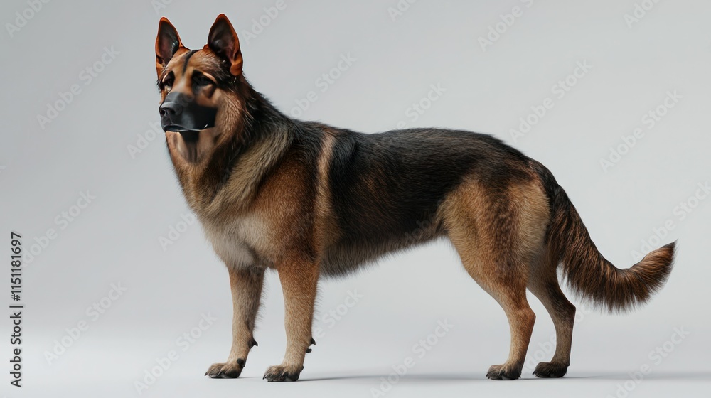 A German Shepherd standing with a gentle expression, tail resting naturally, on a white background A German Shepherd standing with a gentle expression, tail resting naturally, on a white background