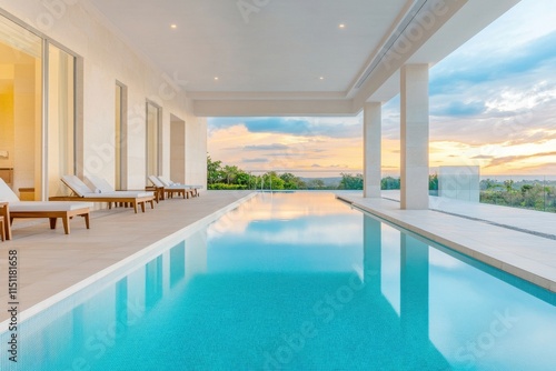 Luxurious modern poolside retreat with serene sunset view showcasing stylish lounge chairs and elegant architecture for ultimate relaxation and leisure