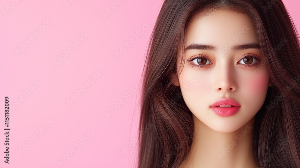 young woman with long, smooth hair stands in front of a soft pink background. Her makeup is minimal, highlighting her natural beauty and flawless complexion. lighting enhances her features young woman with long, smooth hair stands in front of a soft pink background. Her makeup is minimal, highlighting her natural beauty and flawless complexion. lighting enhances her features