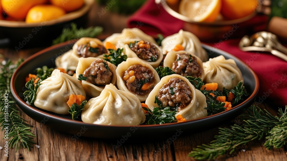 Delicious traditional dumplings filled with minced meat, carrots, and herbs are beautifully arranged on a wooden table. Surrounding them are vibrant greens and fresh oranges adding color Delicious traditional dumplings filled with minced meat, carrots, and herbs are beautifully arranged on a wooden table. Surrounding them are vibrant greens and fresh oranges adding color