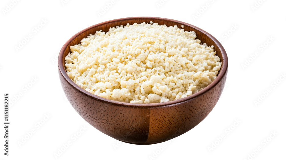 Freshly Cooked Couscous in a Wooden Bowl on a White Background Freshly Cooked Couscous in a Wooden Bowl on a White Background