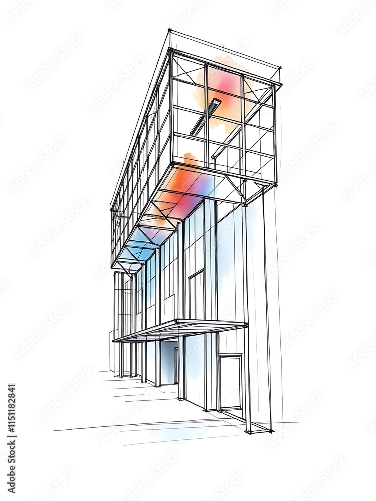 Modern Building Sketch: Vividly Illustrated Design. AI Generated Modern Building Sketch: Vividly Illustrated Design. AI Generated