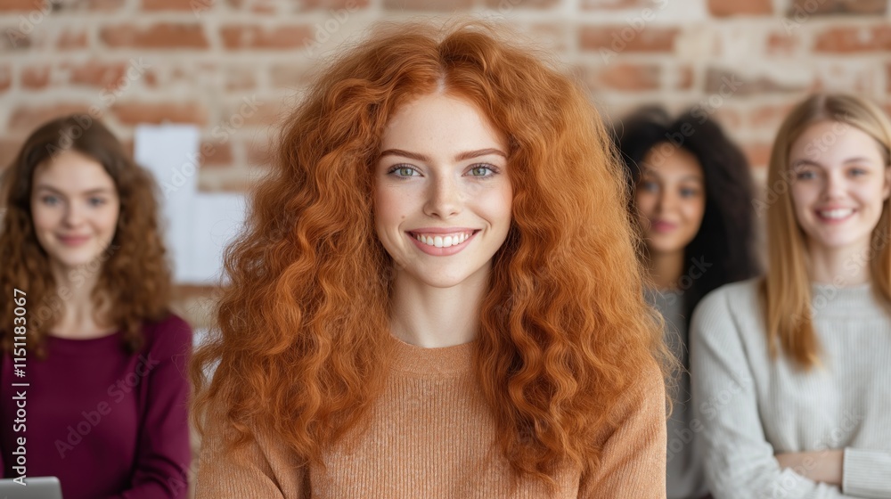 Fototapeta premium group of cheerful young women with different hairstyles pose together, showcasing their friendships. They enjoy their time in a warm and inviting office environment with brick walls