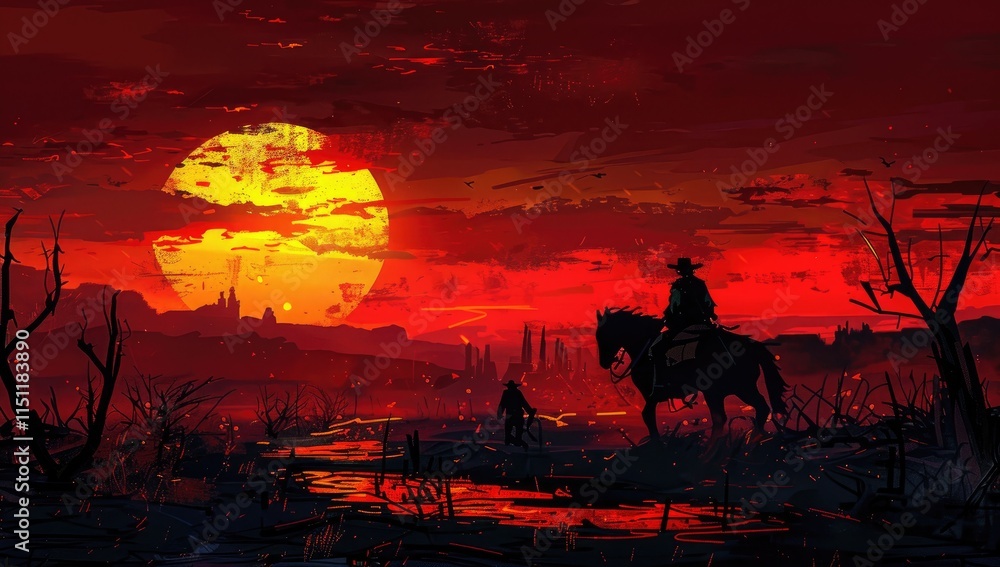 Naklejka premium Cowboy In The Arizona Desert Sunny Lanscape. Generated with AI.