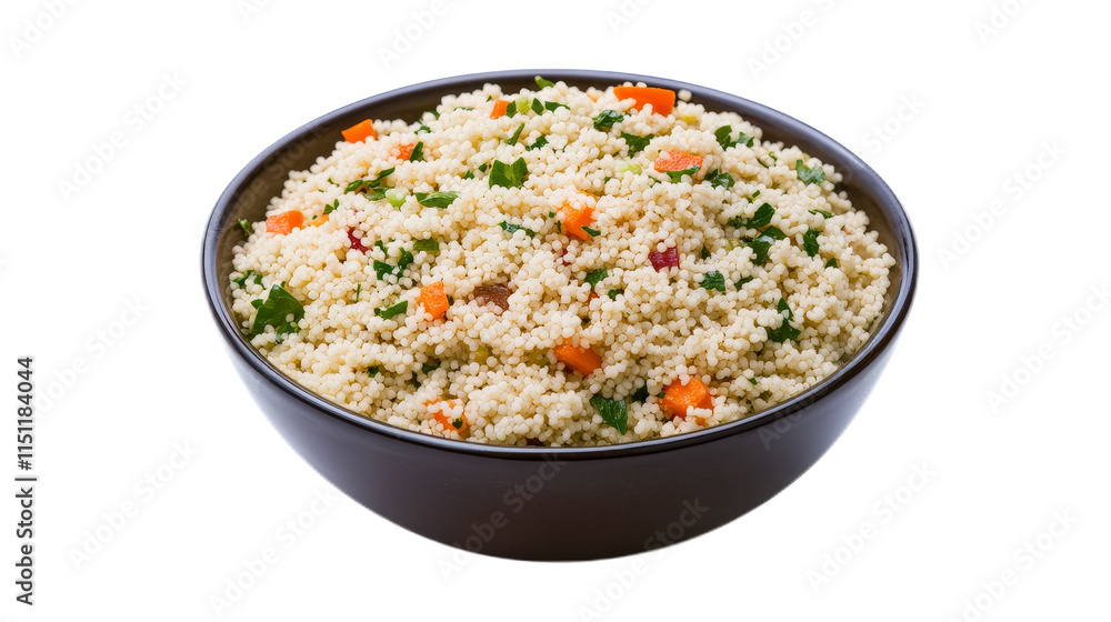 Freshly Made Couscous Salad with Vegetables in a Black Bowl Freshly Made Couscous Salad with Vegetables in a Black Bowl