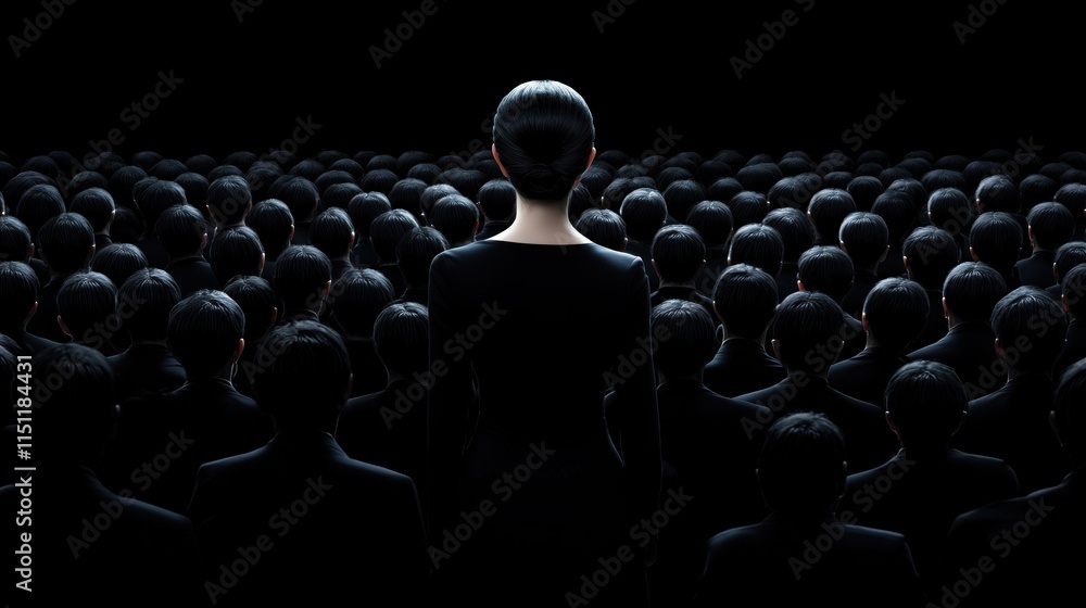 Fototapeta premium lone figure stands in the foreground, facing a crowd of identical figures dressed in black. crowd looms in shadow, creating a striking contrast in this mysterious atmosphere