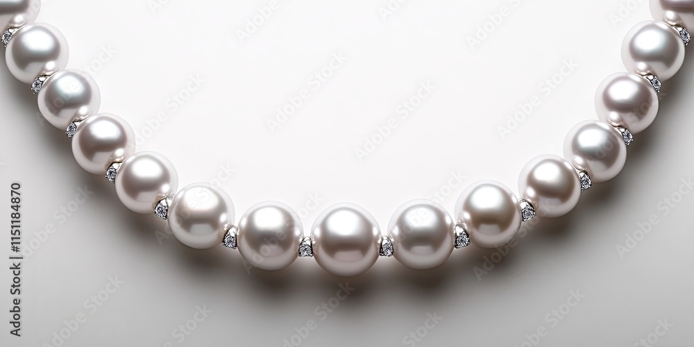 Closeup view of a pearl necklace elegantly displayed against a white background, showcasing the beauty and luster of the pearl necklace in exquisite detail. Perfect for jewelry enthusiasts. Closeup view of a pearl necklace elegantly displayed against a white background, showcasing the beauty and luster of the pearl necklace in exquisite detail. Perfect for jewelry enthusiasts.