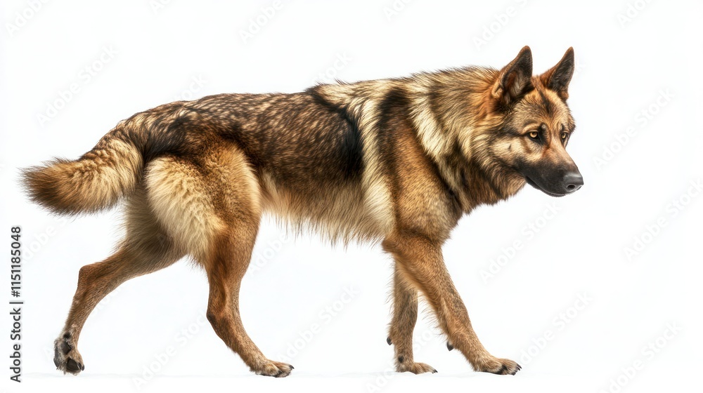 A German Shepherds focused stare and calm stance, isolated against a white background A German Shepherds focused stare and calm stance, isolated against a white background