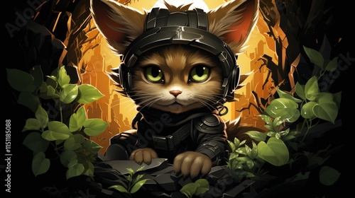 Cat-like creature, futuristic gear, jungle setting. photo