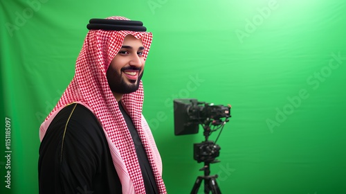 Smiling Saudi Arabian Man in Traditional Attire on Green Screen Set