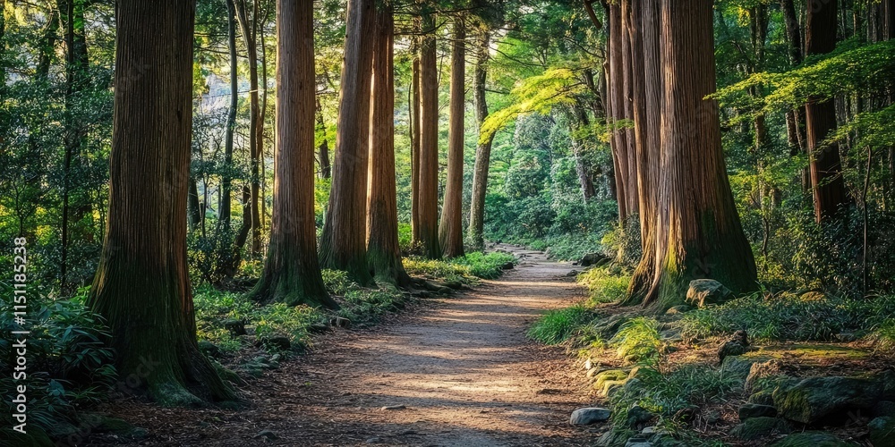 Obraz premium Scenic view of a forest trail park, featuring a beautiful landscape of hinoki cypress trees in a serene environment. Experience the tranquility of this lush forest trail park filled with nature.