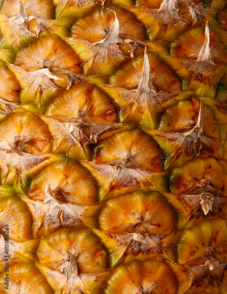 A close up of a pineapple with a brown and green pattern A close up of a pineapple with a brown and green pattern