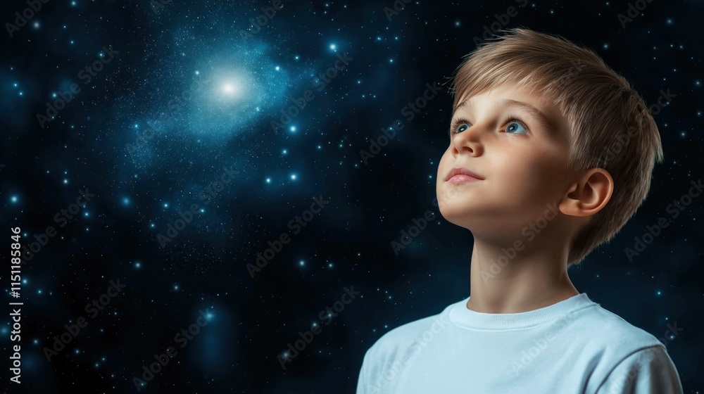 young boy stands in awe, looking upwards with wide eyes at the beautiful night sky illuminated by stars and a mesmerizing galaxy. His expression conveys curiosity and fascination with space young boy stands in awe, looking upwards with wide eyes at the beautiful night sky illuminated by stars and a mesmerizing galaxy. His expression conveys curiosity and fascination with space