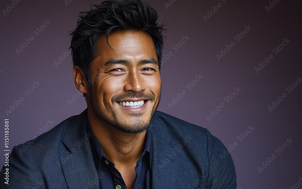 Fototapeta premium Asian man with a smile on his face is wearing a suit and a shirt in studio color background