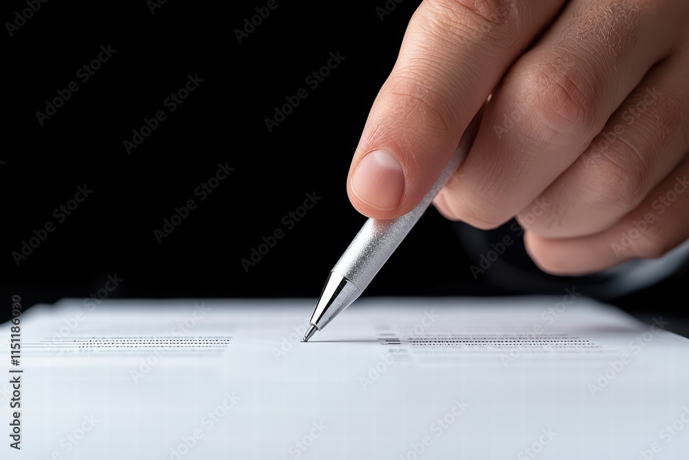 A close-up of a hand holding a pen, signing a document on a clean paper surface. A close-up of a hand holding a pen, signing a document on a clean paper surface.
