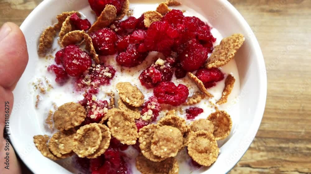 Savoring a delightful whole grain cereal with fresh raspberries for breakfast Savoring a delightful whole grain cereal with fresh raspberries for breakfast