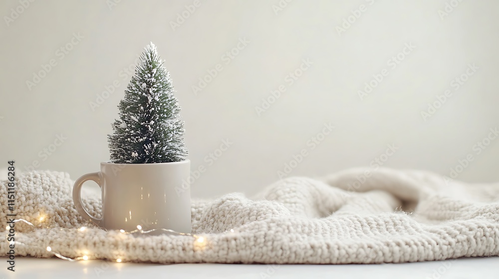 Stylish Christmas composition with an adorable small New Year's tree in a mug, garland lights, and a blanket on a white background Stylish Christmas composition with an adorable small New Year's tree in a mug, garland lights, and a blanket on a white background