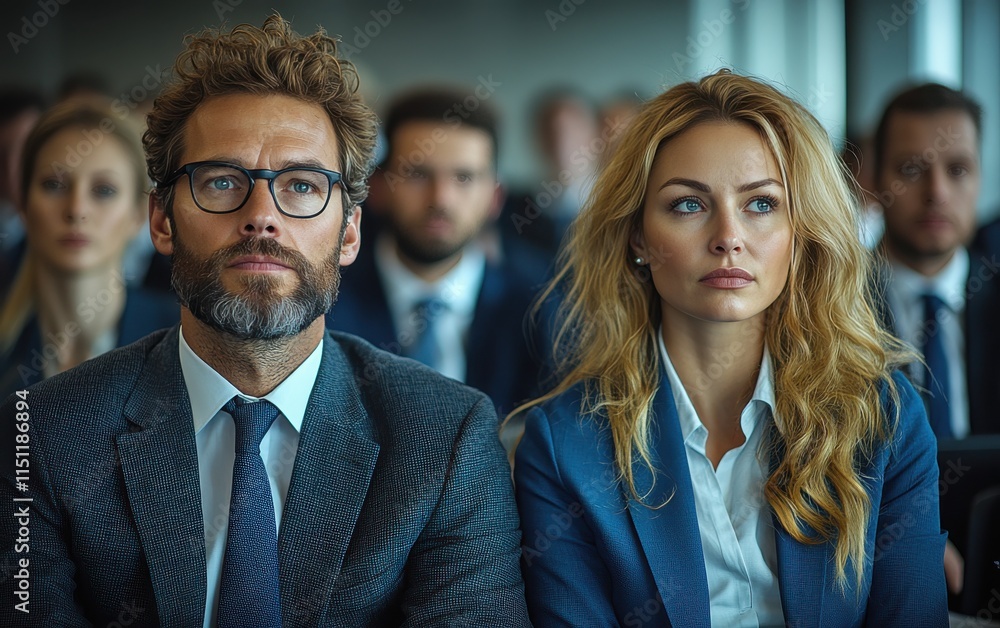 Two professionals engaged in a discussion during a business conference in a modern office setting Two professionals engaged in a discussion during a business conference in a modern office setting
