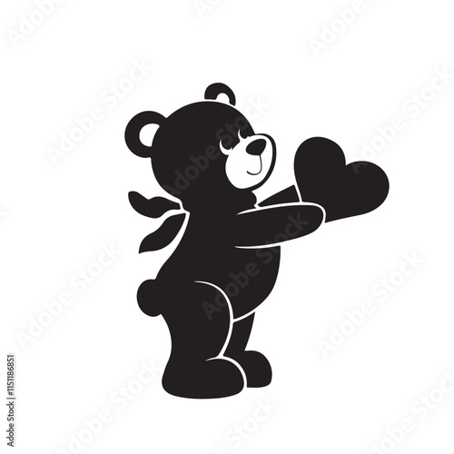 Cute black teddy bear with heart vector silhouette on white background photo