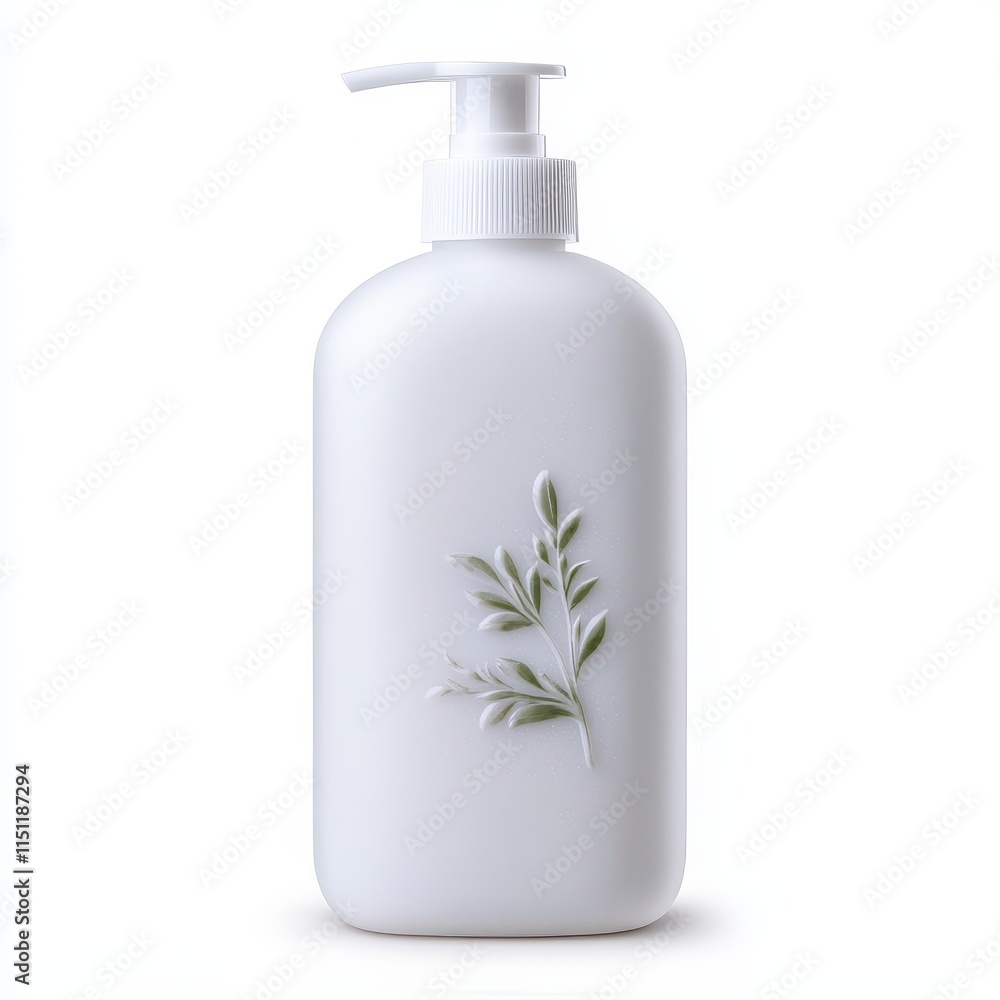 White Bottle with Pump and Green Leaf Design for Natural Products White Bottle with Pump and Green Leaf Design for Natural Products