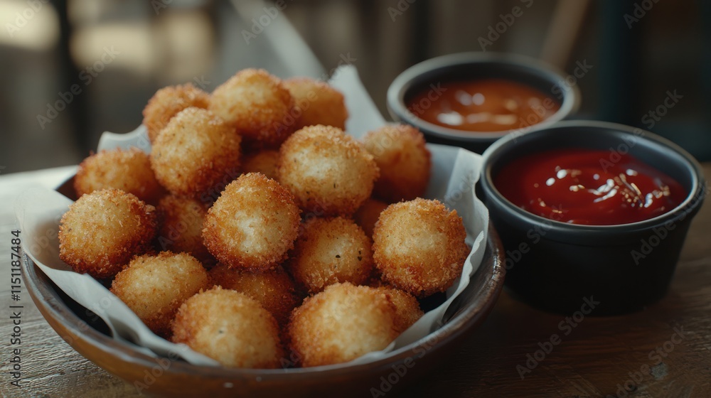 Crispy fried cheese balls with ketchup and sauce. Crispy fried cheese balls with ketchup and sauce.