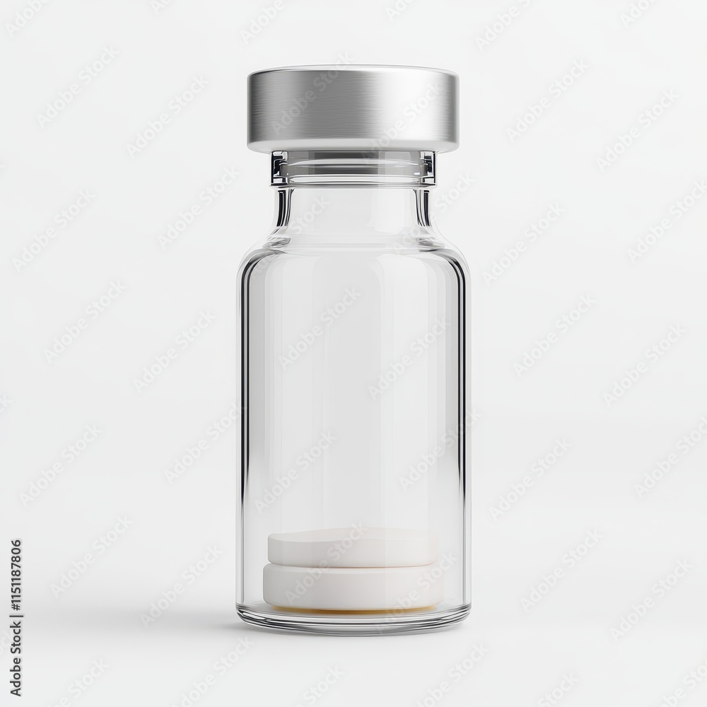 Transparent glass bottle with silver cap and white label inside Transparent glass bottle with silver cap and white label inside