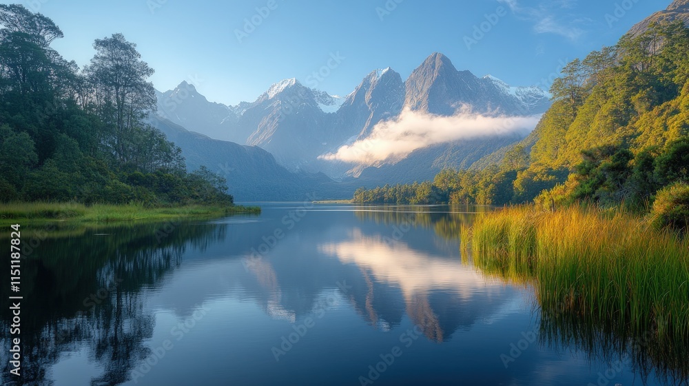 Fototapeta premium Serene lake reflecting snow-capped mountains.